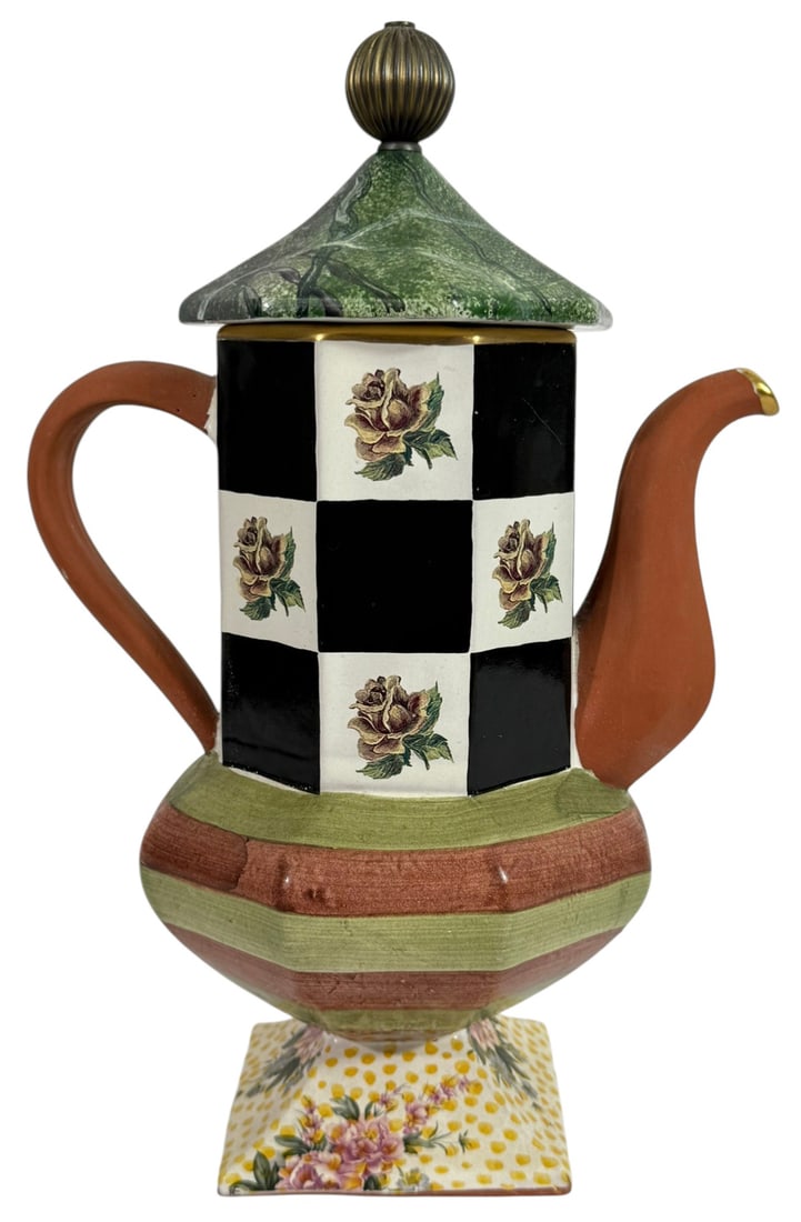 MacKenzie-Childs "Kelp & Urchin" Ceramic Teapot: MacKenzie-Childs collectible ceramic teapot from the Torquay Sea & Shore series, dating to the 1990s. Titled Kelp and Urchin, this hand-painted teapot features a black and white checkered panels adorn