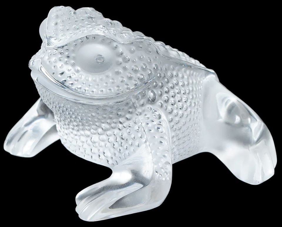 Lalique "Gregoire" Crystal Frog Figurine SIGNED: Lalique French crystal frog figurine titled "Gregoire." Depicting a crouching frog with a textured, frosted skin with smooth legs and facial features. Signed "Lalique France" in script to its base.Dim