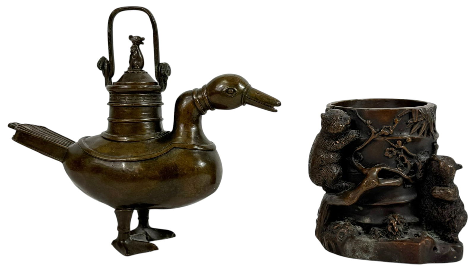 Japanese Bronze Duck Form Teapot & Koala Brush Pot (1 of 8)