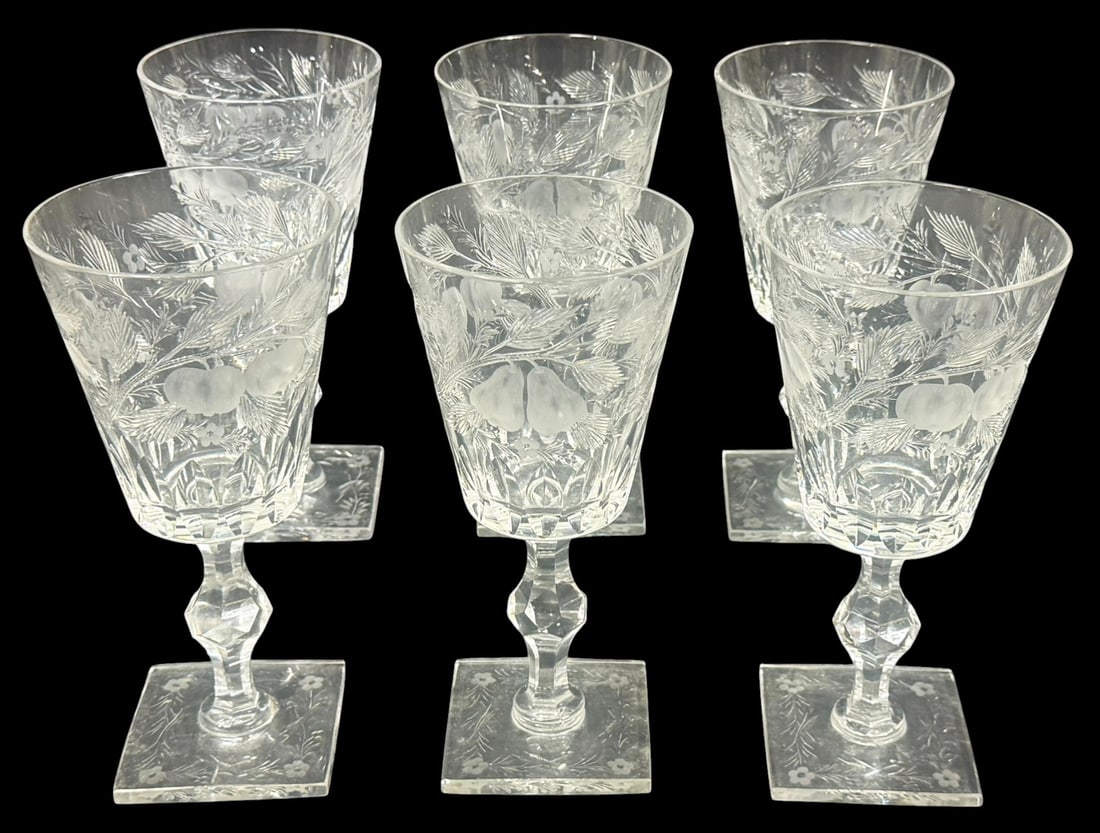 Hawkes Crystal Gravic Fruits Water Goblets 6pc SET: Set of six Hawkes crystal wiater goblet glasses in the "Gravic Fruit" pattern. Featuring a reticulated intaglio cut art glass design of seasonal fruits, tapering bowls, and faceted stems atop square f