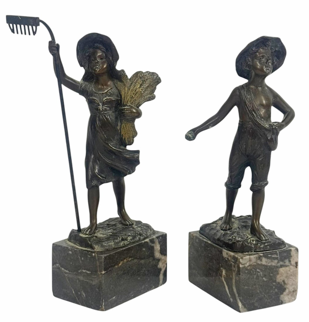 Pr of 20th C Bronze Child Farmer Bronze Sculptures: Pair of charming early-to-mid 20th-century bronze figural sculptures depicting a young boy and girl in rustic attire, each standing barefoot on a textured terrain. Both bear incised illegible