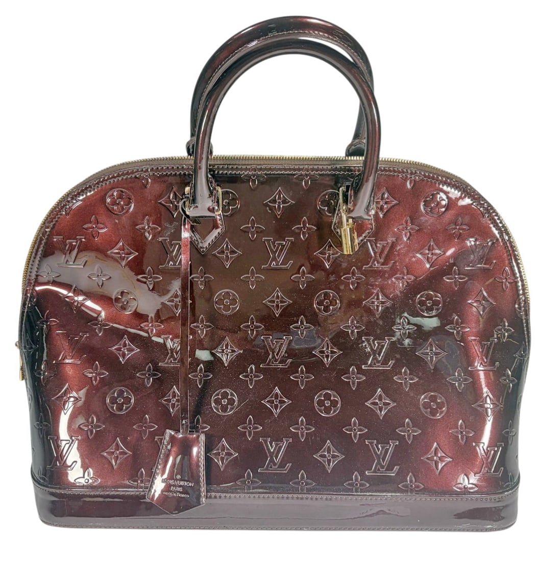 Louis Vuitton Alma Vernis Style Burgundy Handbag: Louis Vuitton Alma Vernis style handbag in glossy Vernis patent leather with embossed LV monogram, structured dome silhouette, rolled handles, double zip closure, gold tone hardware, and metal feet.