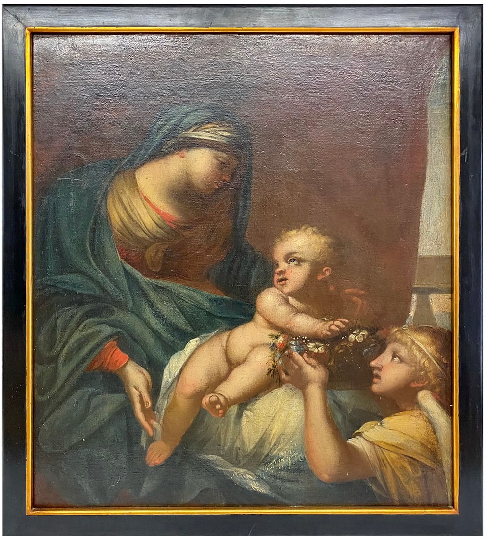 18th/19th Dutch School Madonna Oil on Canvas 33": Oil painting on canvas religious painting of the Madonna and Christ Child with a young attendant presenting a floral garland. Classical style with soft modeling and warm tonal background. Presented in