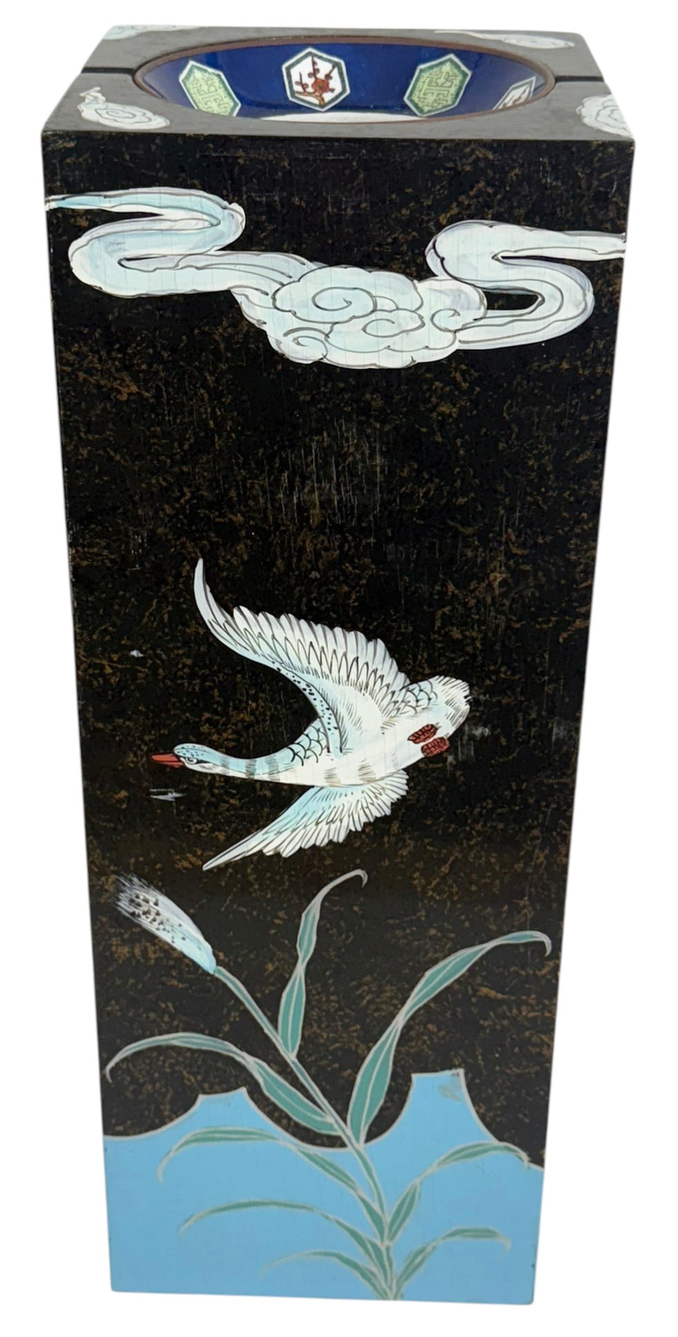 Chinese Hand-Painted Floor Standing Ashtray: Chinese decorative floor-standing ashtray featuring a square column body hand-painted with cranes, reeds, and swirling clouds on a black and blue background. The top holds an inset porcelain bowl deco