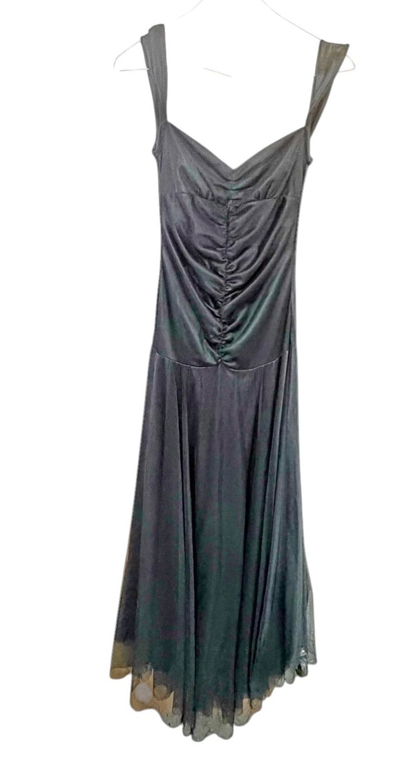 Natalia Antolin Ingrid Design Black Long Dress: Natalia Antolin (Argentinian designer) long black evening dress with ruched bodice, wide straps, fitted waist, and layered sheer skirt. Sweetheart style neckline. Original hang tag present. Size S. Me