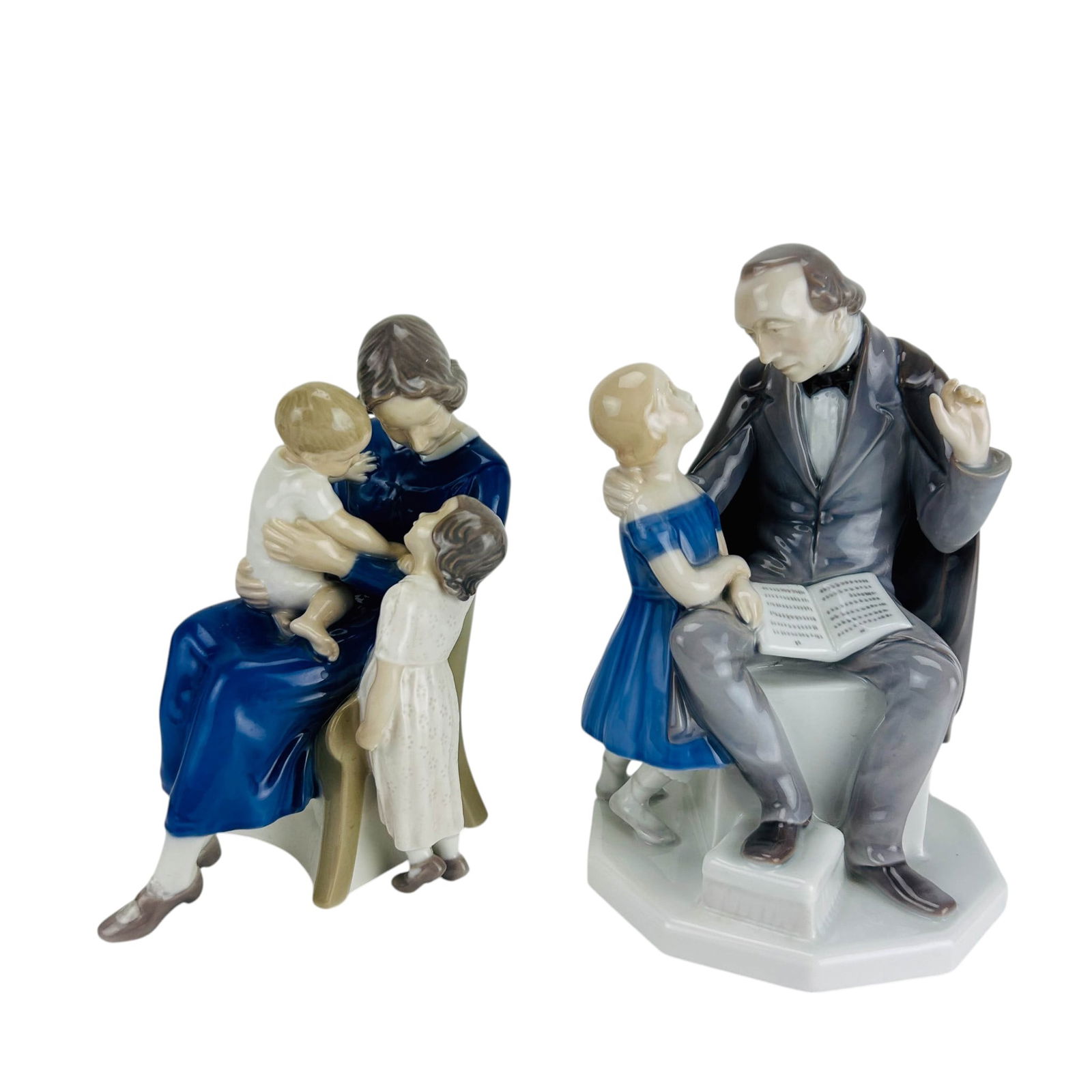 Bing Grondahl Denmark Porcelain Figurines 2pc LOT: Bing and Grondahl B&G Danish hand painted figurines, lot of two. Includes Hans Christian Andersen #2037 (Designed by sculptor Henning Seidelin. Depicts the Danish author sharing his stories with a you
