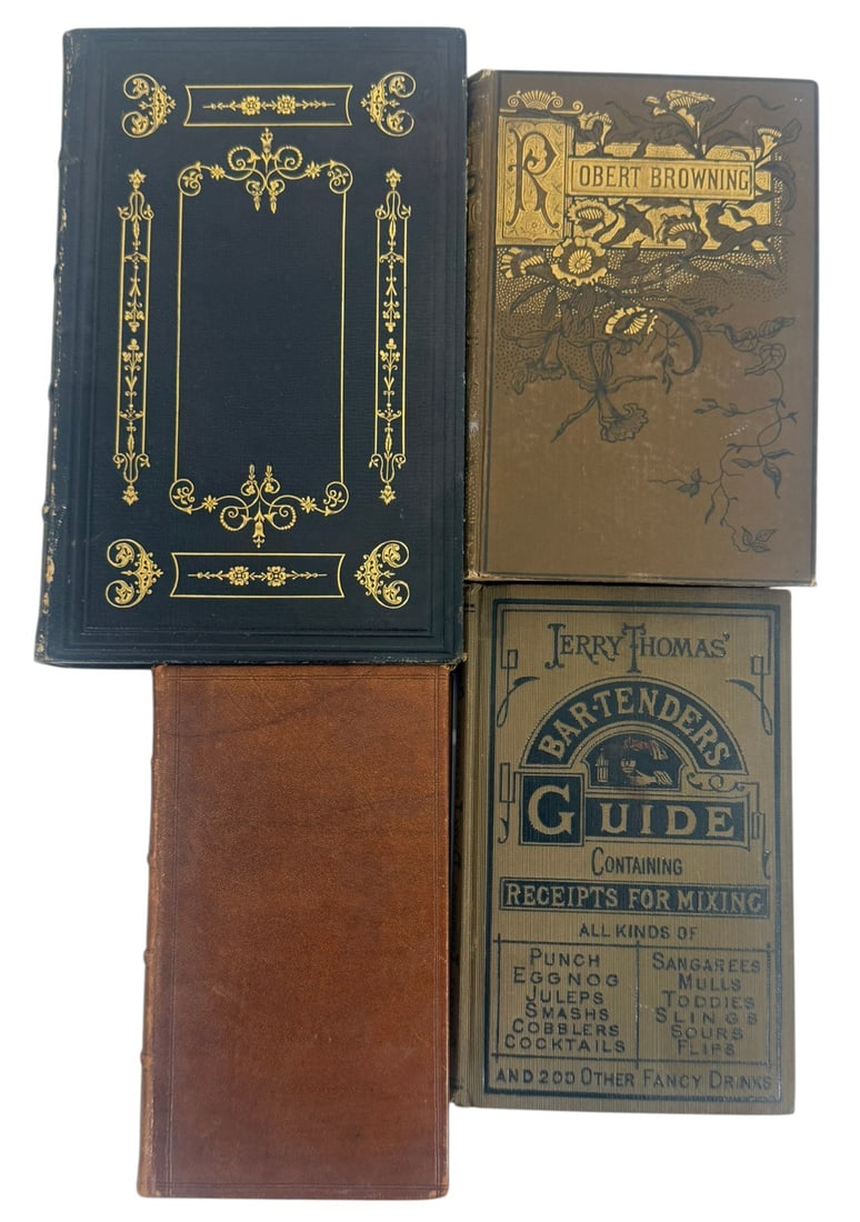 Antique Poetry, Cocktail & Cookery Books 4pc LOT: Lot of four antique and vintage books including The Poetical Works of Alexander Pope, Selections from the Poetical Works of Robert Browning, Jerry Thomas The Bar Tender's Guide, and The Williamsburg A