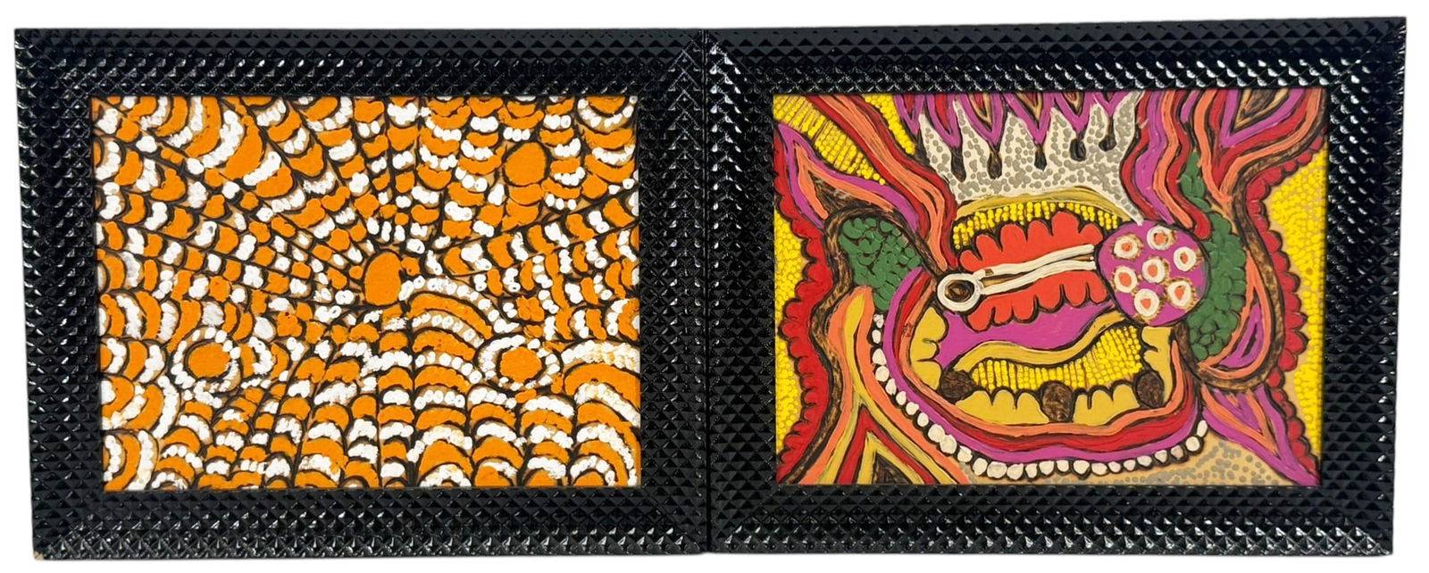 Maruku Arts Aboriginal Walka Paintings 2pc LOT: Elsie Mumu and Numakai Stanley, two Australian Aboriginal walka paintings presented in matching frames from Maruku Arts Uluru. The works feature traditional dot and symbolic designs associated with Pi