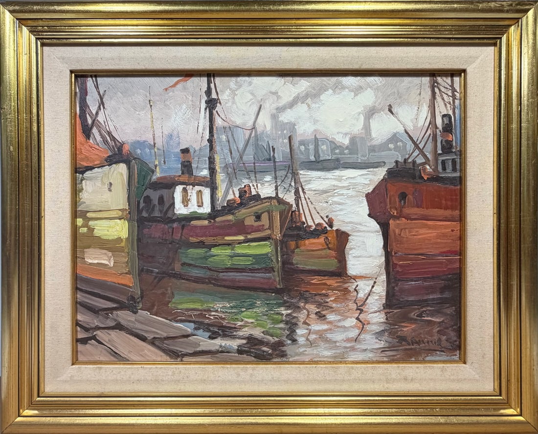 VTG Harbor Ships Oil Painting on Masonite, SIGNED (1 of 4)