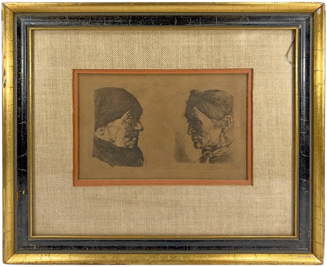 Wilhelm Leibl b.1844 Peasant Man & Woman Engraving: Wilhelm Leibl (German, 1844 - 1900) engraving depicting profile portraits of a peasant man and woman facing one another. After the artists 1874 work, rendered with detailed cross-hatching. Inscribed '