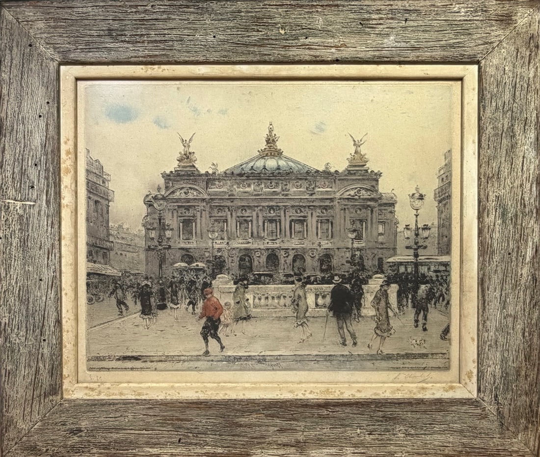 Paris Opera House Lithograph Pencil Signature: Lithograph depicting the Paris Opera House with pedestrians gathered before the Palais Garnier. Architectural view with figures in period dress and subtle hand coloring, including a red coat in the fo