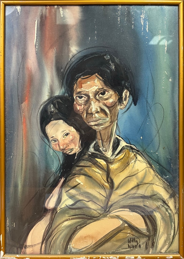 Willy Nava b 1934 Peruvian Watercolor Painting: Willy Nava (Peruvian, born 1934) watercolor depicting two figures, one emerging behind the shoulder of the other. Modern figurative style with fluid washes and strong ink outlines, the figures showing