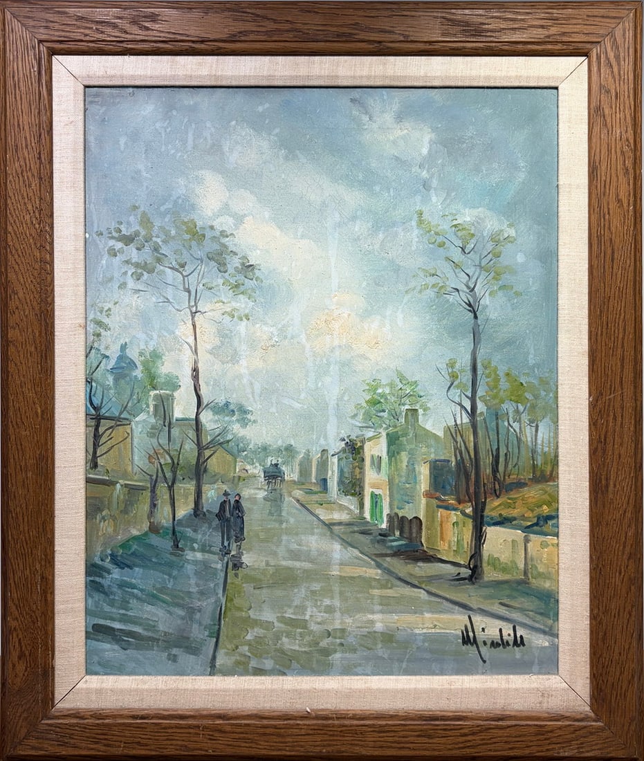 VTG Framed Cityscape Oil Painting on Canvas SIGNED: Oil painting on canvas depicting a quiet city street with trees, buildings, and two figures walking along a reflective roadway. A horse-drawn carriage appears in the distance. Painted with loose brush