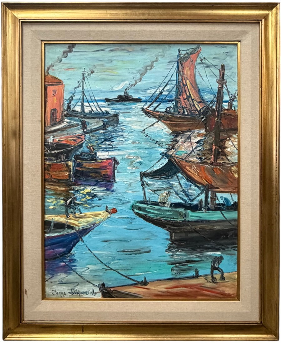 Harbor Ships Oil Painting on Masonite SIGNED 42" (1 of 4)