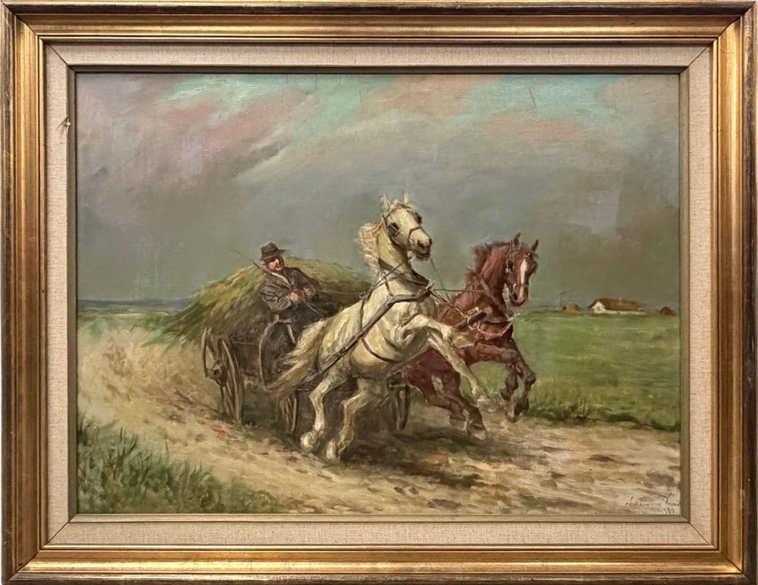 Hay Cart & Horses Oil Painting on Canvas SIGNED (1 of 5)