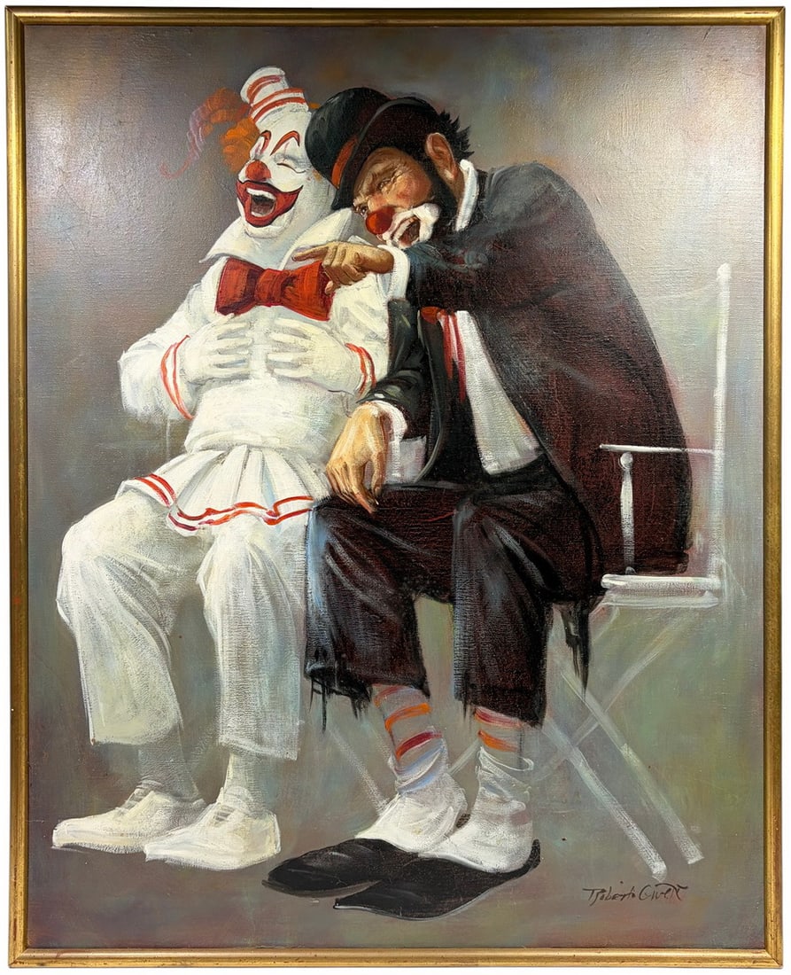 Robert Owen b.1930 American Clown Oil on Canvas: Robert Owen (American, born 1930) oil painting on canvas of two expressive clowns in theatrical poses, signed to the lower right 'Robert Owen.' Includes period frame and provenance note on reverse ref