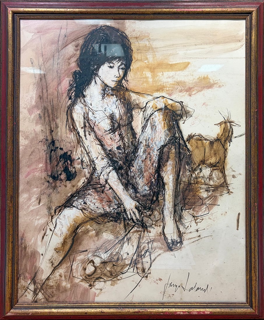Jacques Lalande (1921-2003) Mixed Media on Paper: Jacques Lalande (French, 1921 - 2003) expressive mixed media on paper depicting a seated female figure with a goat in the background. Executed in loose gestural ink lines and watercolor washes in eart