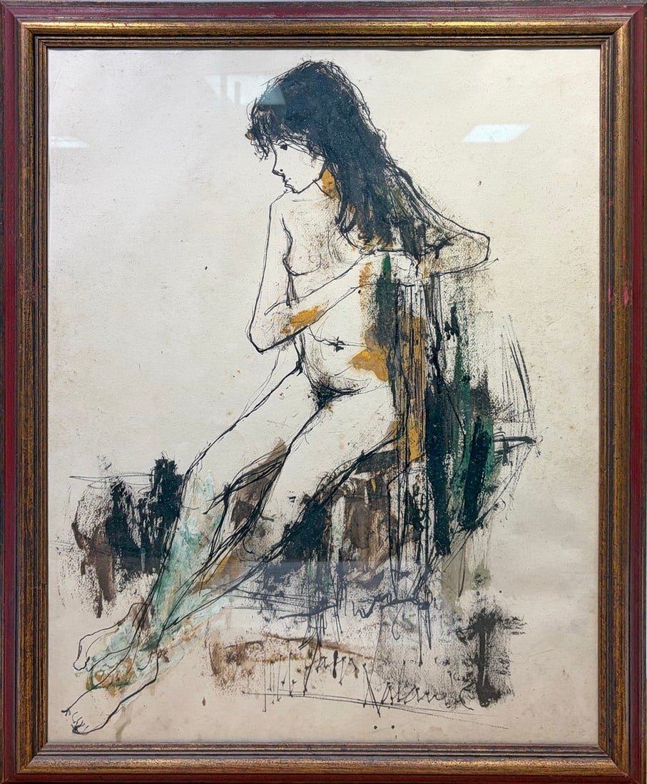 Jacques Lalande (1921-2003) Mixed Media on Paper: Jacques Lalande (French, 1921 - 2003) Expressive mixed media on paper depicting a seated nude female figure in profile. Executed in loose gestural ink lines with watercolor washes in earthy tones. Sig
