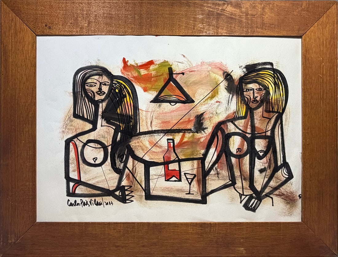 Carlos Paes Vilaro b 1923 Uruguayan Watercolor: Carlos Paes Vilaro (Uruguayan, 1923 - 2014) expressive mixed media watercolor depicting two stylized female figures seated at a table with a bottle and glass beneath a hanging lamp. Executed with bold