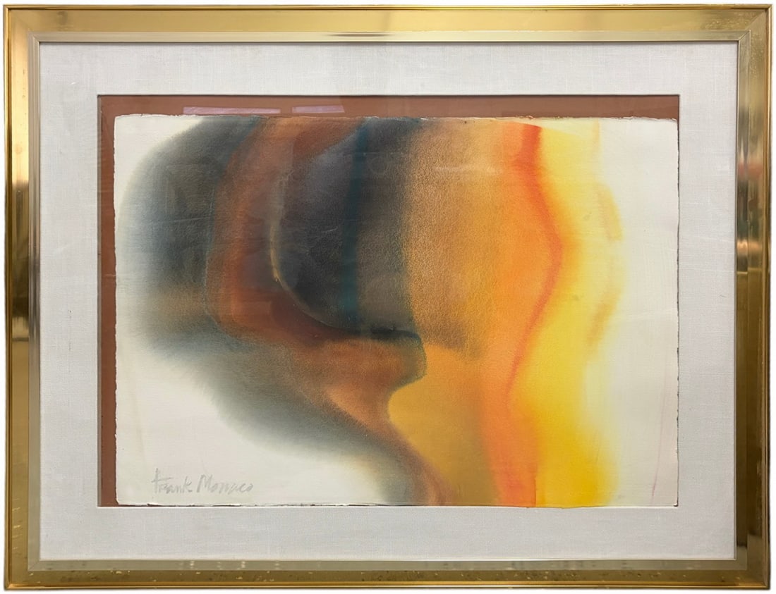Frank Monaco b 1943, American Abstract Watercolor: Frank Monaco (American, born 1943), abstract watercolor with blended forms and atmospheric color in tones of black, brown, orange, yellow, and muted blue. Signed to the lower left. Framed.Work Size: 2
