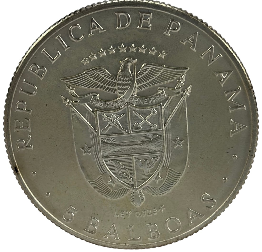 1970 Panama 5 Balboas 925 Sterling Silver Coin: Republic of Panama, 1970 5 Balboas .925 silver commemorative coin for the XI Central American and Caribbean Games, featuring the national coat of arms on the obverse and an athlete with Olympic rings