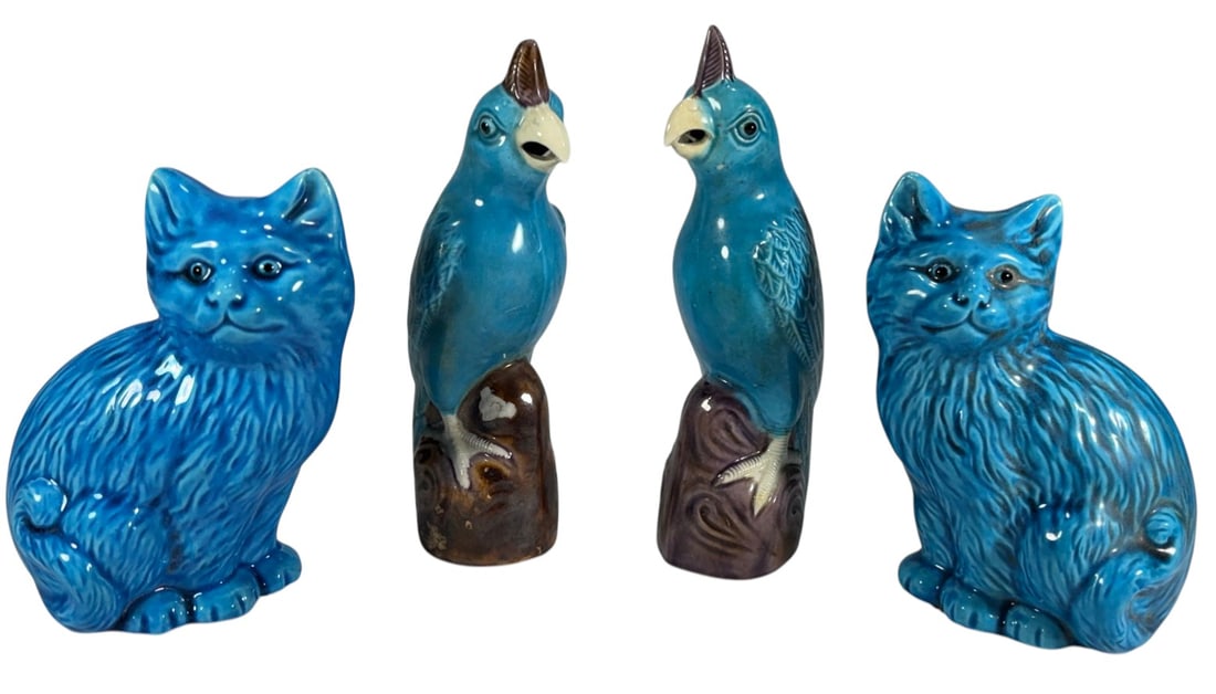 Chinese Parrots & Cats Turquoise Porcelain 4pc LOT: Group of four Chinese ceramic figures including a pair of parrots and a pair of seated cats with turquoise glaze and molded details. The largest measures approximately 6.25 inches tall by 2 inches wid