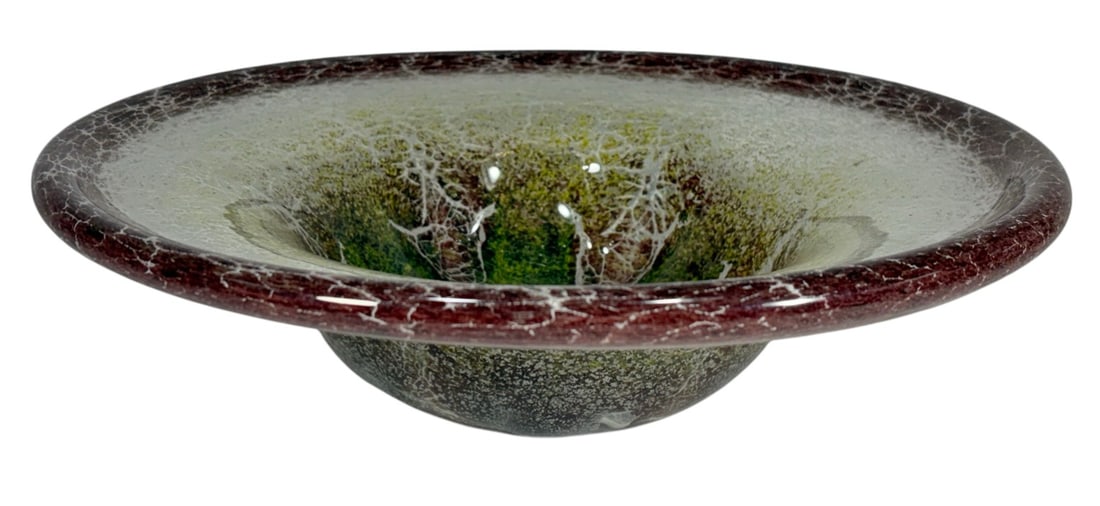 Probably WMF Ikora Art Glass Bowl b Karl Wiedmann: Art glass center bowl attributed to the WMF Ikora line, associated with designer Karl Wiedmann (Germany). Wide shallow form with flared rim, displaying mottled crackle decoration in burgundy, cream,