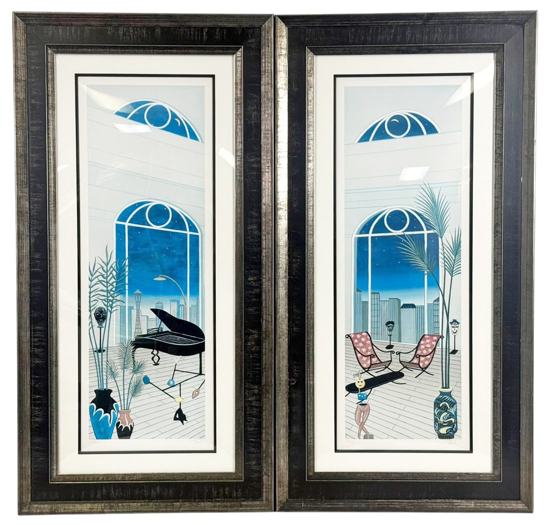 Francois Fanch Ledan Chicago Nights Lithographs: Pair of Francois "Fanch" Ledan (French, born 1949) colored lithographs on paper titled "Chicago Nights I" and "Chicago Nights II." The works depict stylized terrace scenes overlooking a city skyline