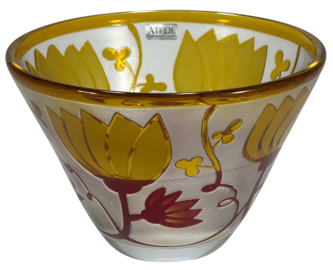 Kosta Boda by Bertil Vallien Design Art Glass Bowl: Kosta Boda Atelje art glass bowl designed by Bertil Vallien, Sweden, with frosted clear glass and enameled floral motifs in amber and red tones. Signed to the base 'Kosta Boda' with production numbers