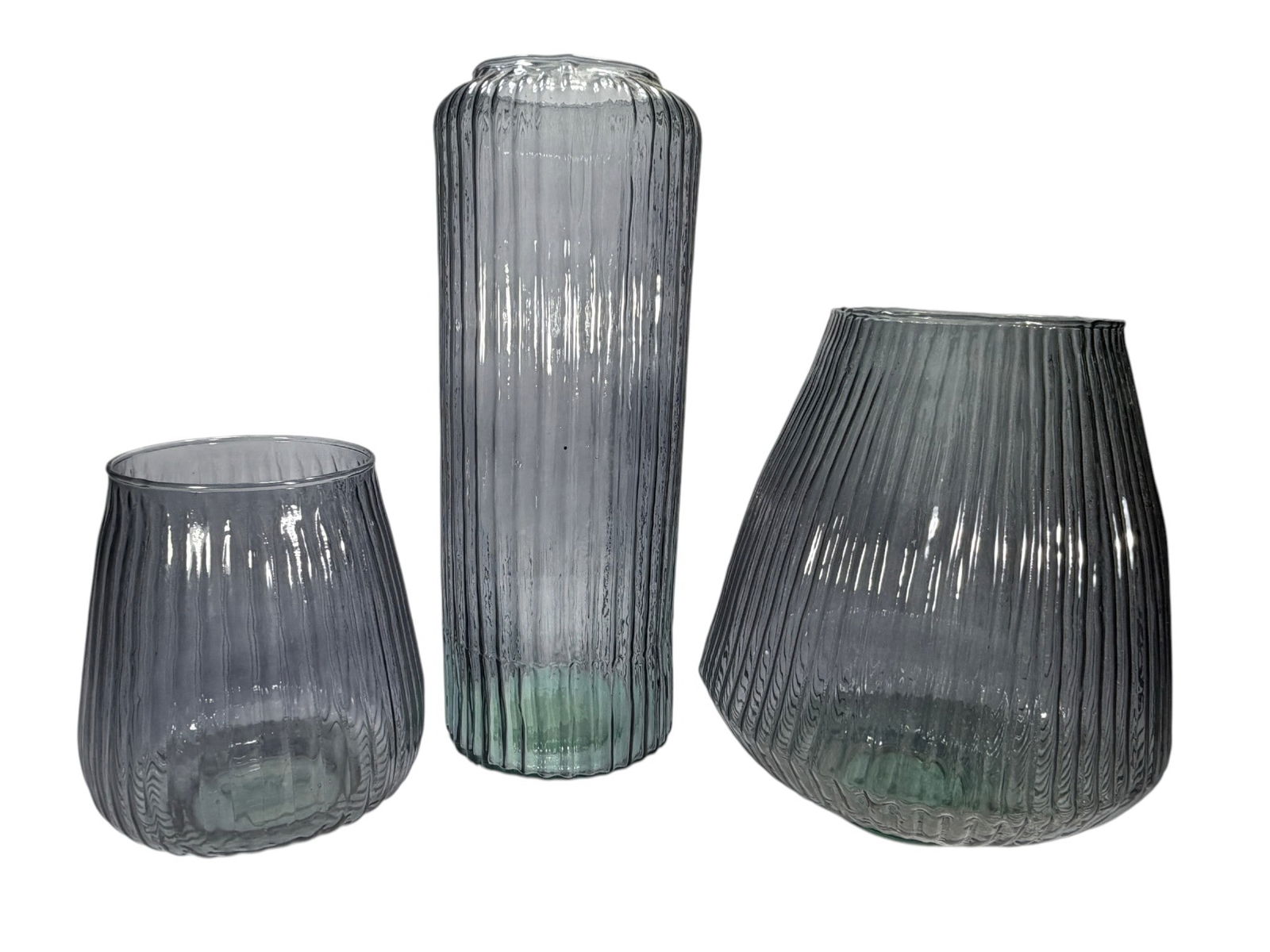 Egyptian Ribbed Art Glass Vases Smoky 3pc LOT: Group of three Egyptian ribbed art glass vases with vertically fluted bodies in smoky gray with green tint. Includes three different forms: a tall cylindrical vase, a rounded barrel form, and a wider