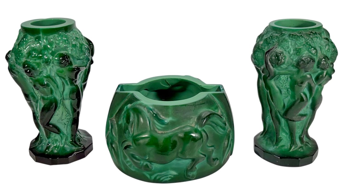 Czech Bohemian Malachite Glass Vases & Bowl 3pcs: Group of three Czech Bohemian art glass pieces in deep green malachite-style glass, including two figural vases and a centerpiece bowl. One piece retains a label. The largest measures approximately 5