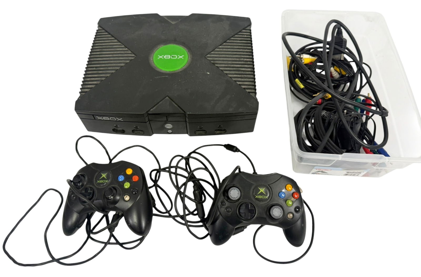 Original Microsoft Xbox Console w/ 2 S-Controllers: Microsoft Xbox original video game console with two wired Xbox controllers. Includes assorted AV and connection cables shown in the images. Early generation Xbox system introduced in 2001 and compatib