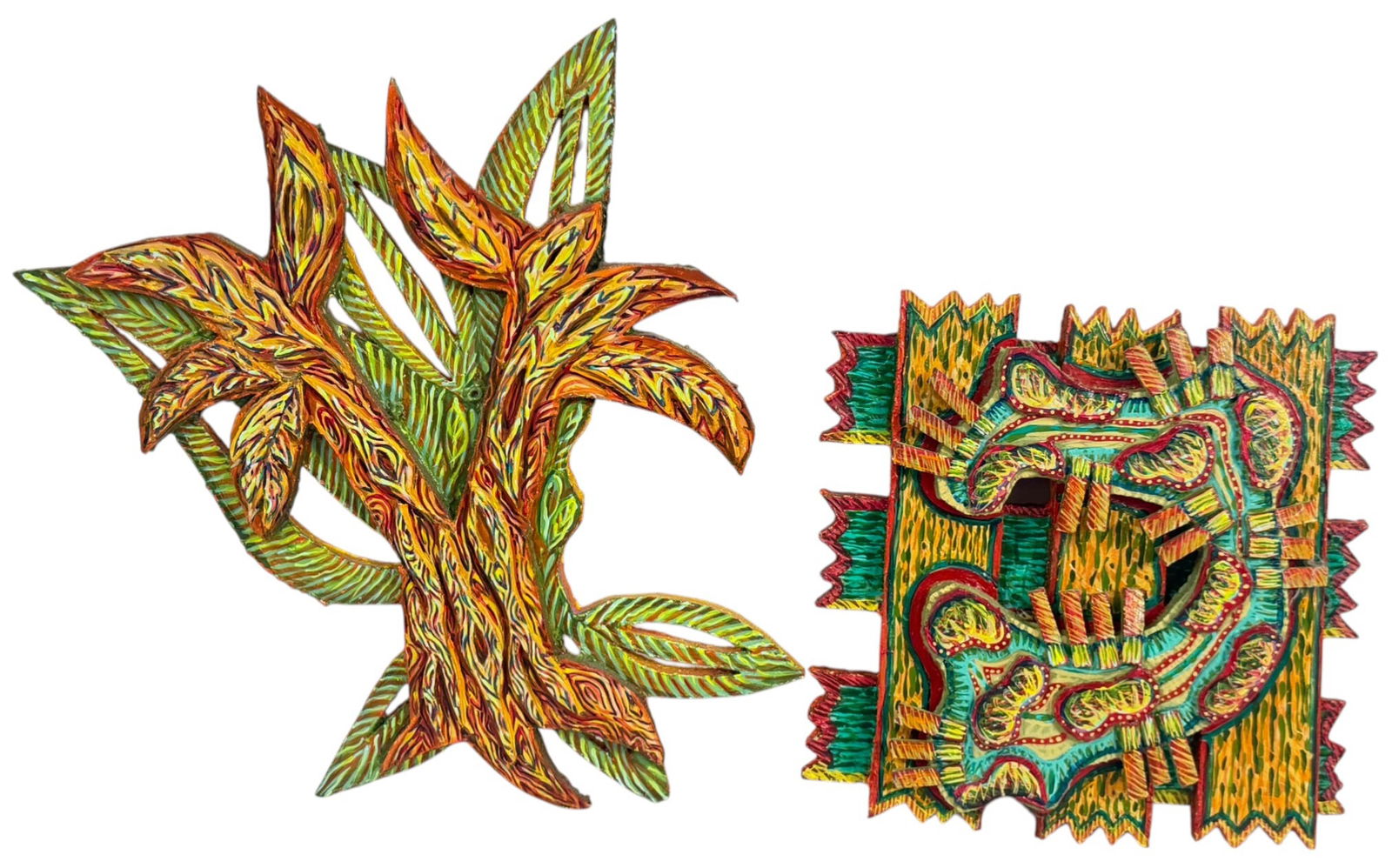 N McHone Painted Carved Wood Wall Folk Art 2pc LOT: N McHone (20th century) pair of hand-carved and painted wood wall folk art sculptures featuring stylized floral and abstract forms. The works display layered carving and bright hand painted decoration