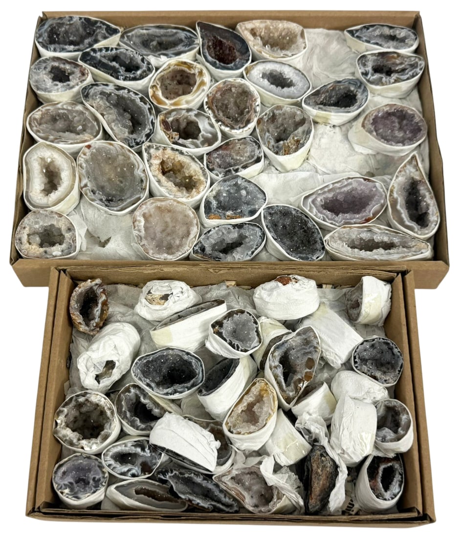 Natural Geode Crystal Specimens 60pc LOT: Collection of sixty natural geode specimens presented in two boxes. The pieces display exposed crystal interiors with banded agate edges and quartz formations in gray, white, brown, and occasional pur