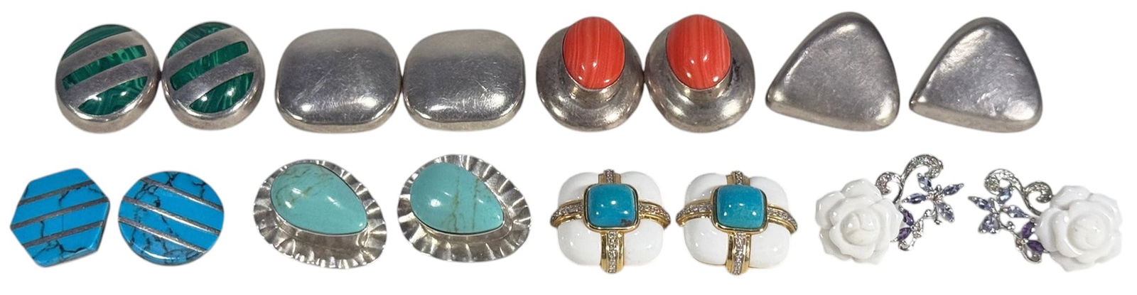 Sterling Silver Gemstone Clip-on Earrings 8 PAIRS: Assorted lot of eight pairs of vintage and contemporary sterling silver earrings, including several Southwestern-style designs. This diverse group features both post and clip-back closures, and a mix