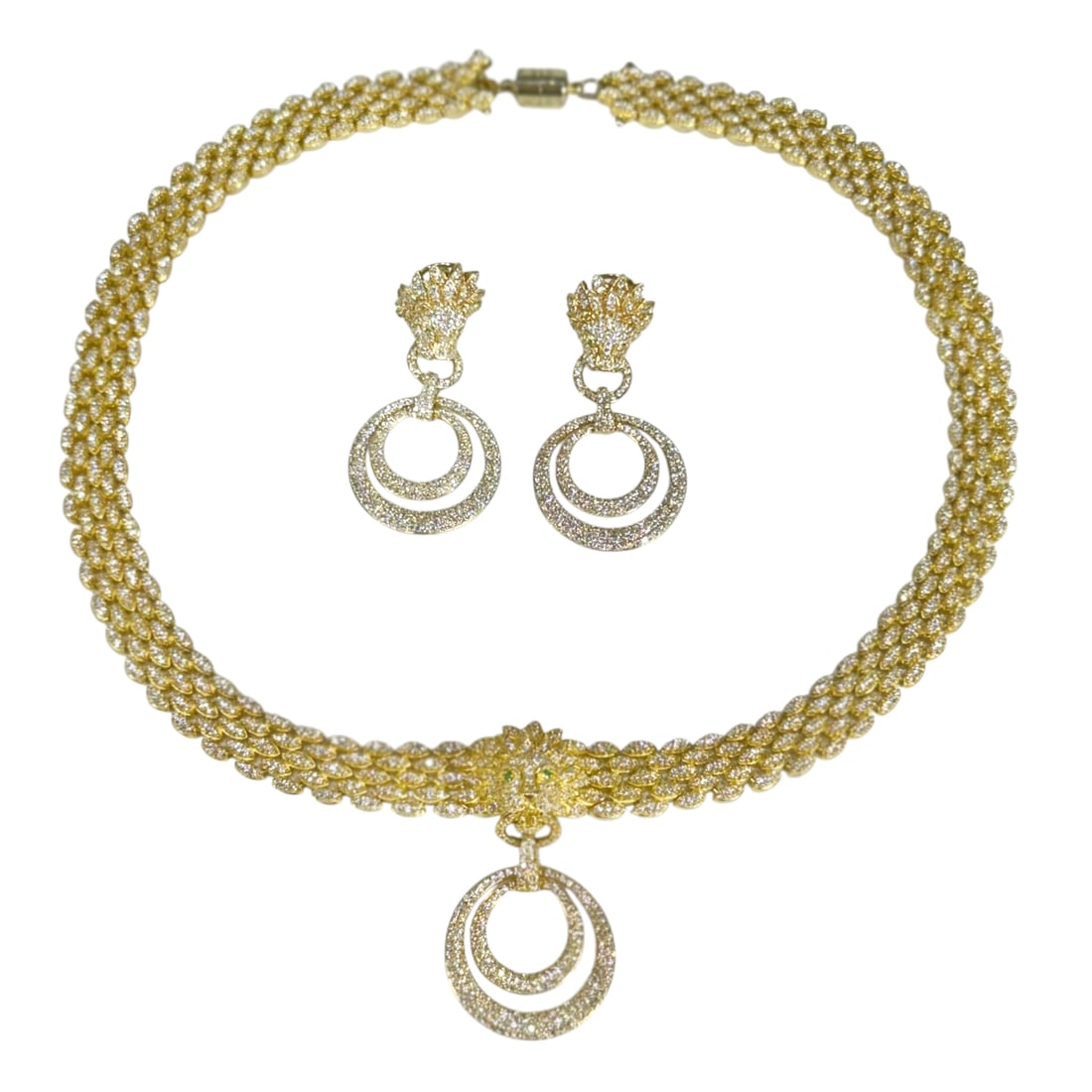 Vermeil Silver Pave Crystal Necklace Earrings Set: Three-piece jewelry set comprising a wide mesh-link collar necklace and matching drop earrings, Crafted in sterling silver with a rich gold-tone finish. Each piece is pave-set with shimmering clear cr