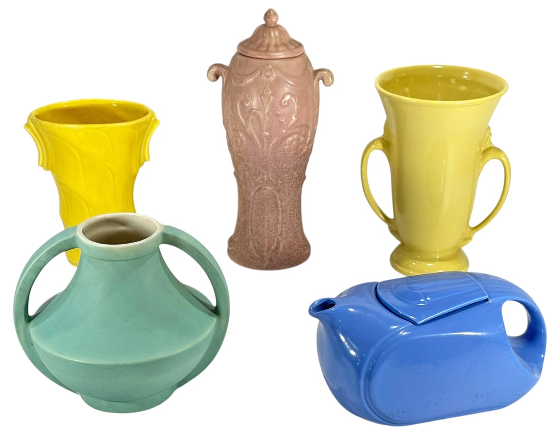 Studio Art Pottery Vases & Hall Teapot 5pc LOT: Lot of five vintage studio ceramic art pottery items. To include an Abingdon USA art pottery vase with relief decoration together with assorted decorative pottery including a Hall China teapot made ex