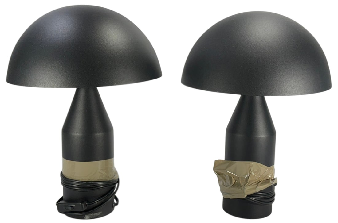 Pair of Atollo Style Black Mushroom Table Lamps: Atollo-style, pair of modern mushroom form table lamps with domed shades and tapered bases in a matte black finish. The design follows the iconic Atollo lamp form originally created by Vico Magistrett