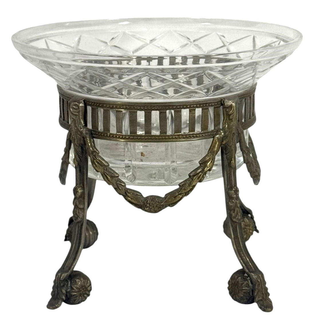 Arteriors Cut Crystal Bowl Brass Stand Centerpiece: Vintage cut crystal centerpiece bowl with brass stand featuring garland swags and paw form feet. The bowl is labeled "24 percent lead crystal made in Hungary for Arteriors Imports Dallas Texas."Condit