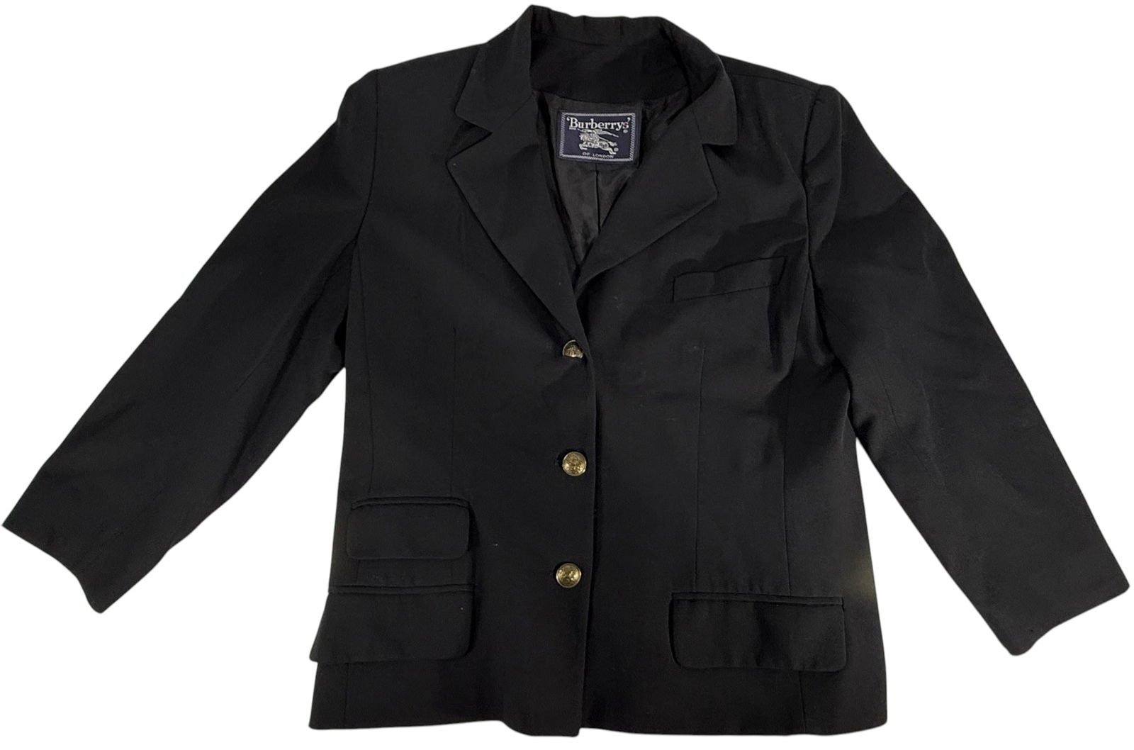 Burberrys of London Women's Wool Blend Blazer: Burberrys of London, tailored ladies wool blend blazer made in the USA with brass crest buttons. Fabric content label indicates 60 percent rayon and 40 percent wool. Classic structured design with fla