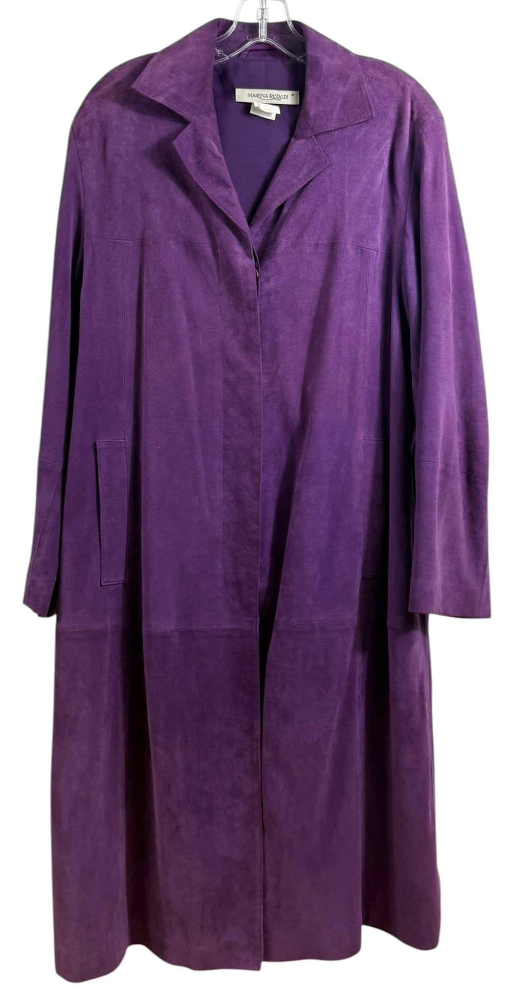 Marina Rinaldi Purple Faux Suede Trench Coat: Marina Rinaldi, purple faux suede coat with notch lapels and three button front closure. Features a relaxed silhouette with side pockets and a smooth lining. Made in Spain from polyester fabric.Condit