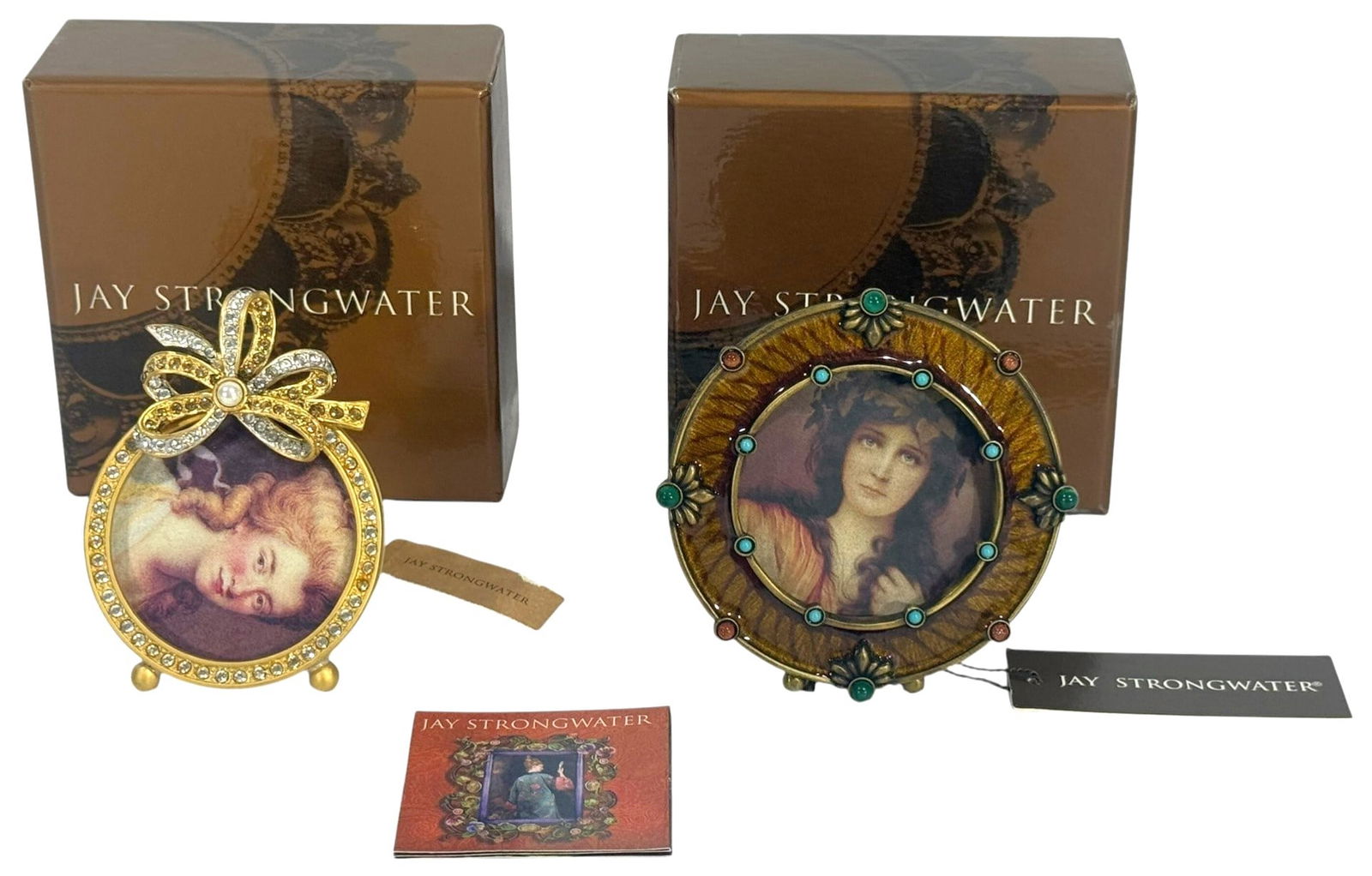 Jay Strongwater Enameled Miniature Portrait Frames: Jay Strongwater, lot of two decorative miniature picture frames featuring classical portrait images in jeweled enamel settings. One round frame decorated with colored cabochon style accents and gilt m