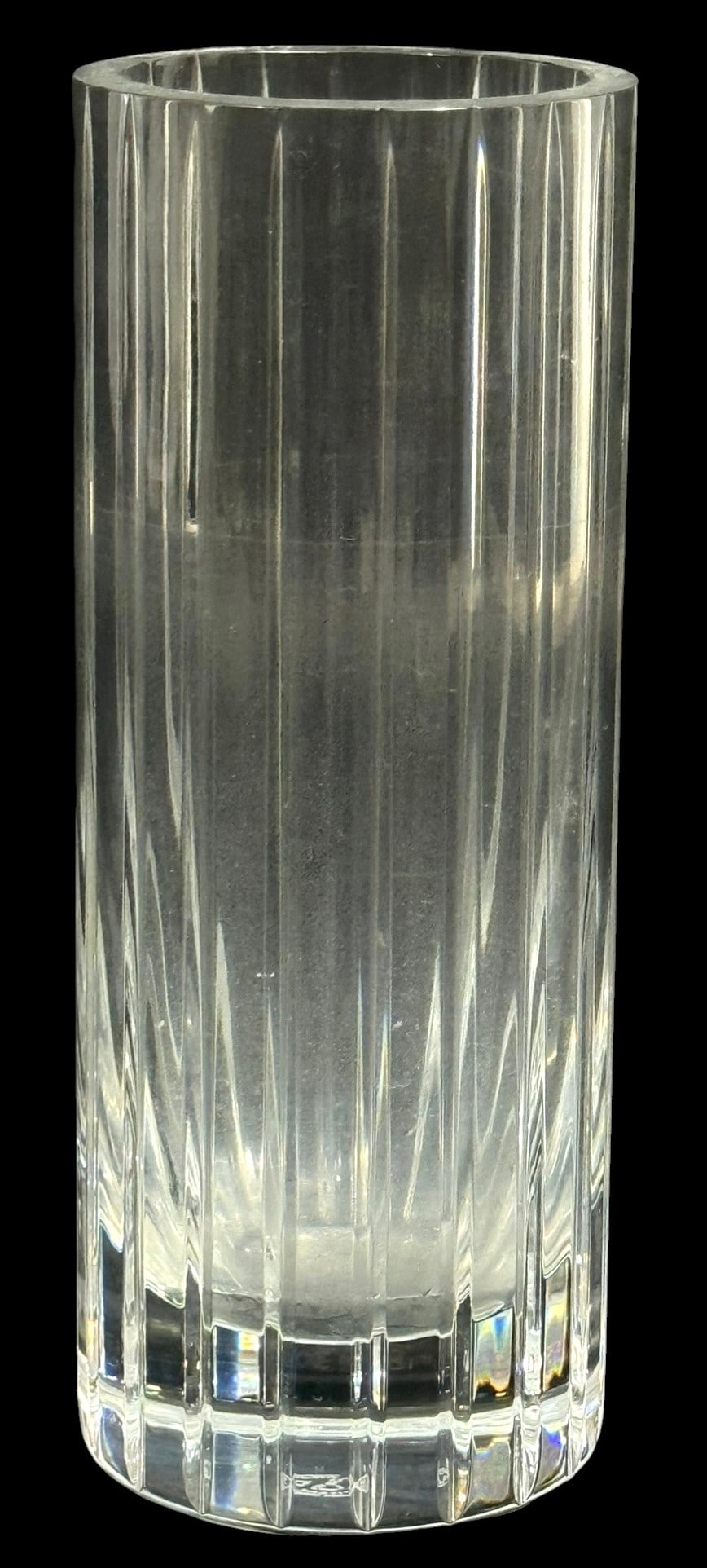 Baccarat "Harmonie" French Crystal Vase 8" Tall: Baccarat French clear crystal flower vase, in the "Harmonie" pattern, featuring a tall cylindrical form with vertical cut panels. Retains the Baccarat circular acid etched signature mark underneath it