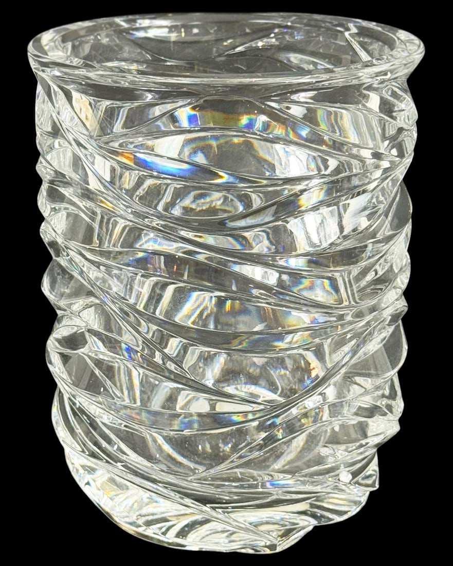 Tiffany & Co. Emil Brost Wave Cut Crystal Vase: Tiffany & Co. by Emil Brost wave cut clear lead crystal vase with a sculptural twisted rib design. Mouth blown and hand cut crystal produced in Germany. Retaining its original Emil Brost and Tiffany &