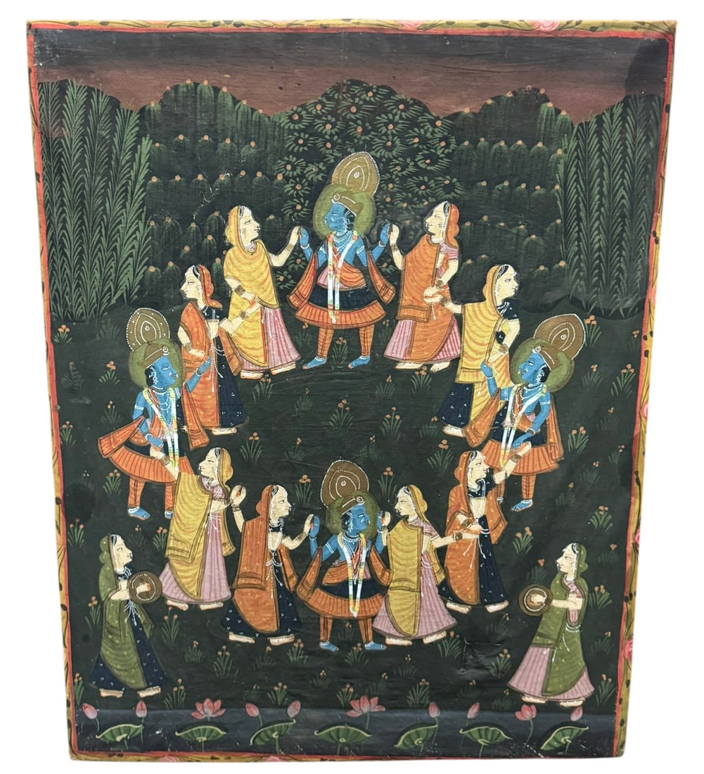 Indian Pichwai Krishna Rasa Lila Cloth Painting: Indian Pichwai style hand painted cloth depicting the Rasa Lila with Lord Krishna dancing among the Gopis in a circular composition. The scene shows multiple blue skinned Krishna figures and attendant
