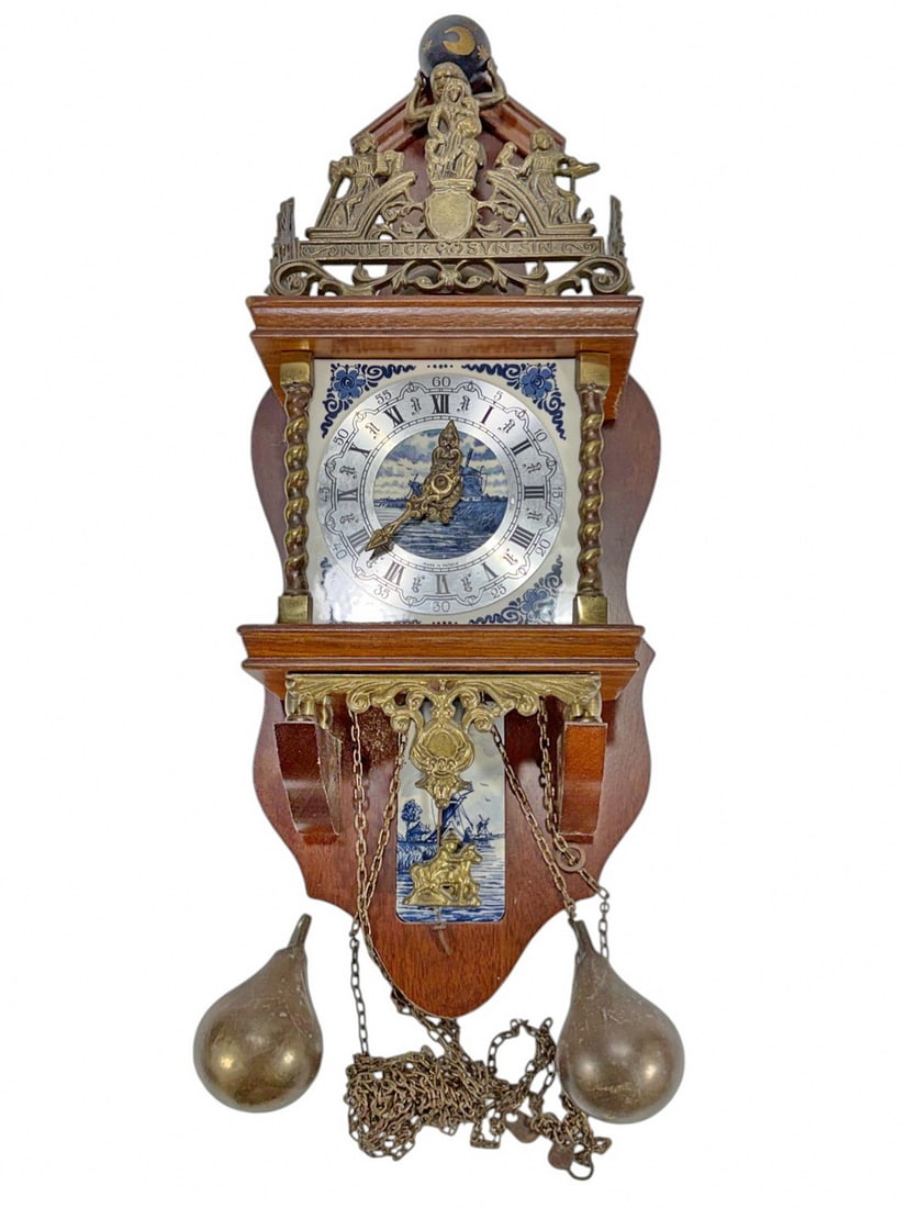 Zaandam Dutch & Franz Hermle West Germany Clock: Zaandam Dutch & Franz Hermle West Germany wall clock, wood case with brass mounts, dial with windmill scene and Roman numerals, chain driven movement with two weights and pendulum, marked Franz Hermle