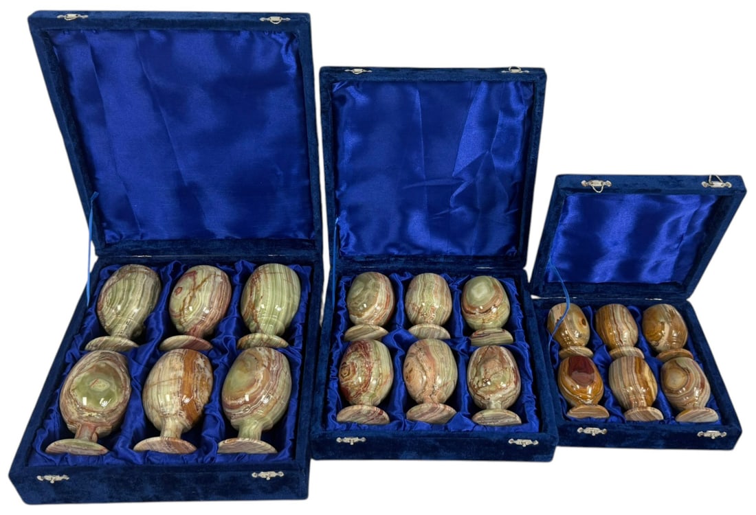 Hand Carved Onyx Stone Wine Goblets w/ Boxes 18pcs: Set of eighteen hand carved onyx stone wine goblets featuring natural banded patterns in green, brown, and cream tones. Each goblet is carved from solid stone with polished finish and shaped stem base