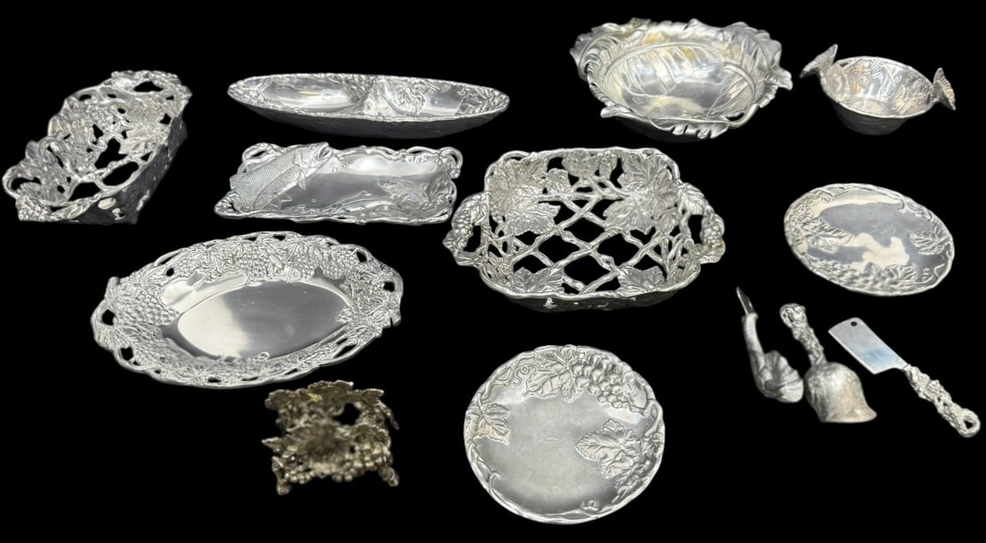 Arthur Court Aluminum Serveware 13pc LOT: Arthur Court, a group of 13 aluminum serving pieces with grape and vine motifs. The lot includes trays, bowls, a divided dish, bottle opener, spoon, cheese knife, and small decorative stand. Many piec