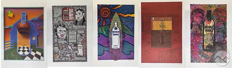 Absolut Statehood Limited Edition Lithographs 5pcs: Set of five limited edition color lithographs from the Absolut Statehood: 51 Painters - Visions of Their Home States series (1992). The prints feature distinctive interpretations of the Absolut bottle