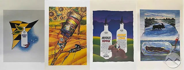 Absolut Statehood Limited Edition Lithographs 4pcs: Set of four limited edition color lithographs from the Absolut Statehood: 51 Painters - Visions of Their Home States series (1992). The prints feature varied interpretations of the Absolut bottle by c